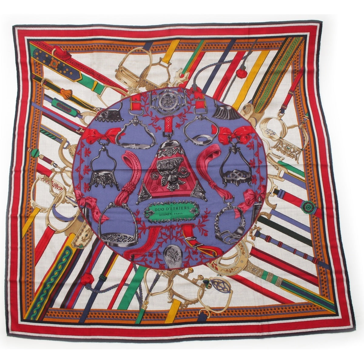 HERMES Caregean cashmere silk Duo d'Etriers (Armor Duo) Large format 140 scarf multicolor