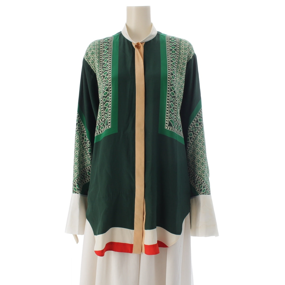 CELINE silk PHOEBE PHILO RUNWAY Phoebe Philo era all-over print dress scarf Long sleeve shirt Green white 34
