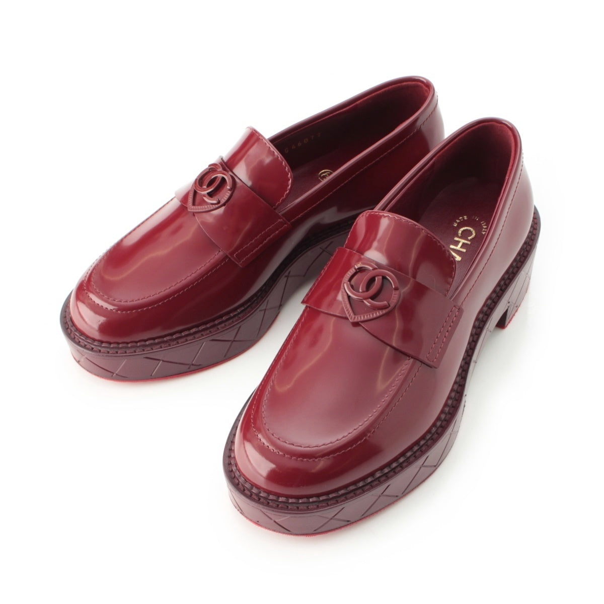 CHANEL 24K Shiny calfskin COCO Mark Heart Platform Shoes loafers shoes G46072 Red 35 1/2