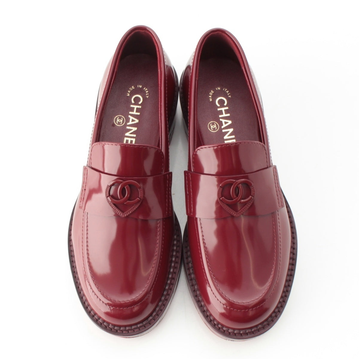 CHANEL 24K Shiny calfskin COCO Mark Heart Platform Shoes loafers shoes G46072 Red 35 1/2