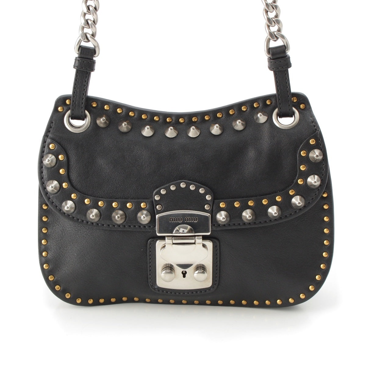 MIUMIU Madras leather Studs Shoulder Bag 5BH206 black