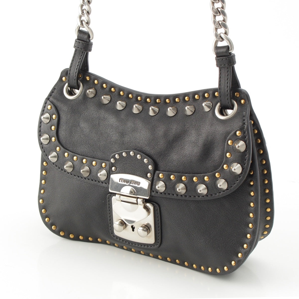 MIUMIU Madras leather Studs Shoulder Bag 5BH206 black