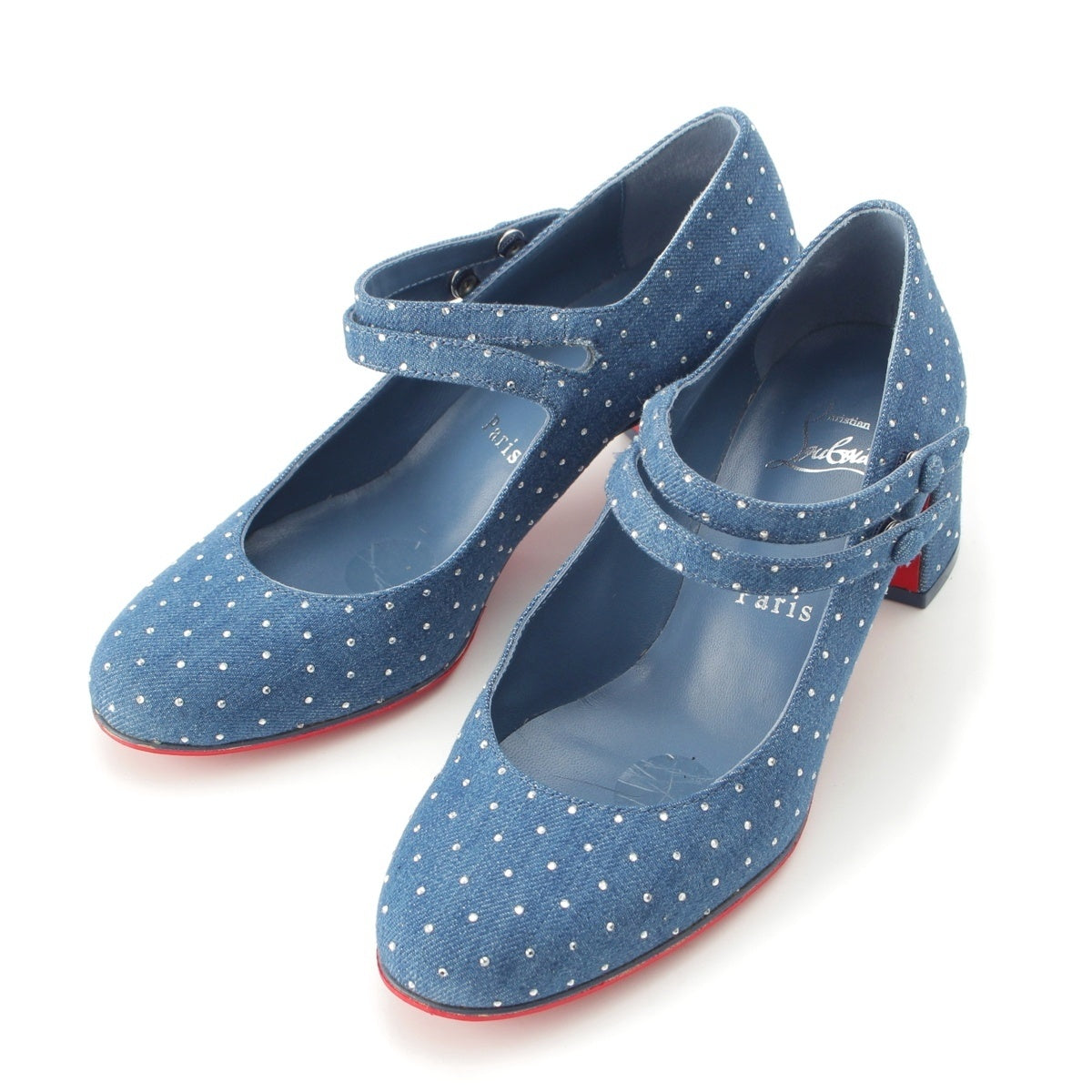 Christian Louboutin Miss Jane 2.2" Rhinestone denim Mary Janes pumps blue 34 1/2