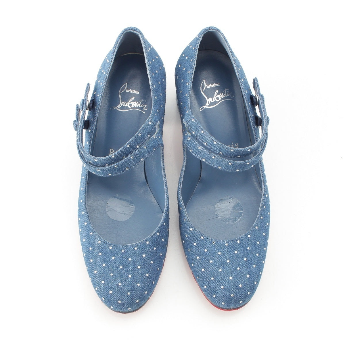 Christian Louboutin Miss Jane 2.2" Rhinestone denim Mary Janes pumps blue 34 1/2