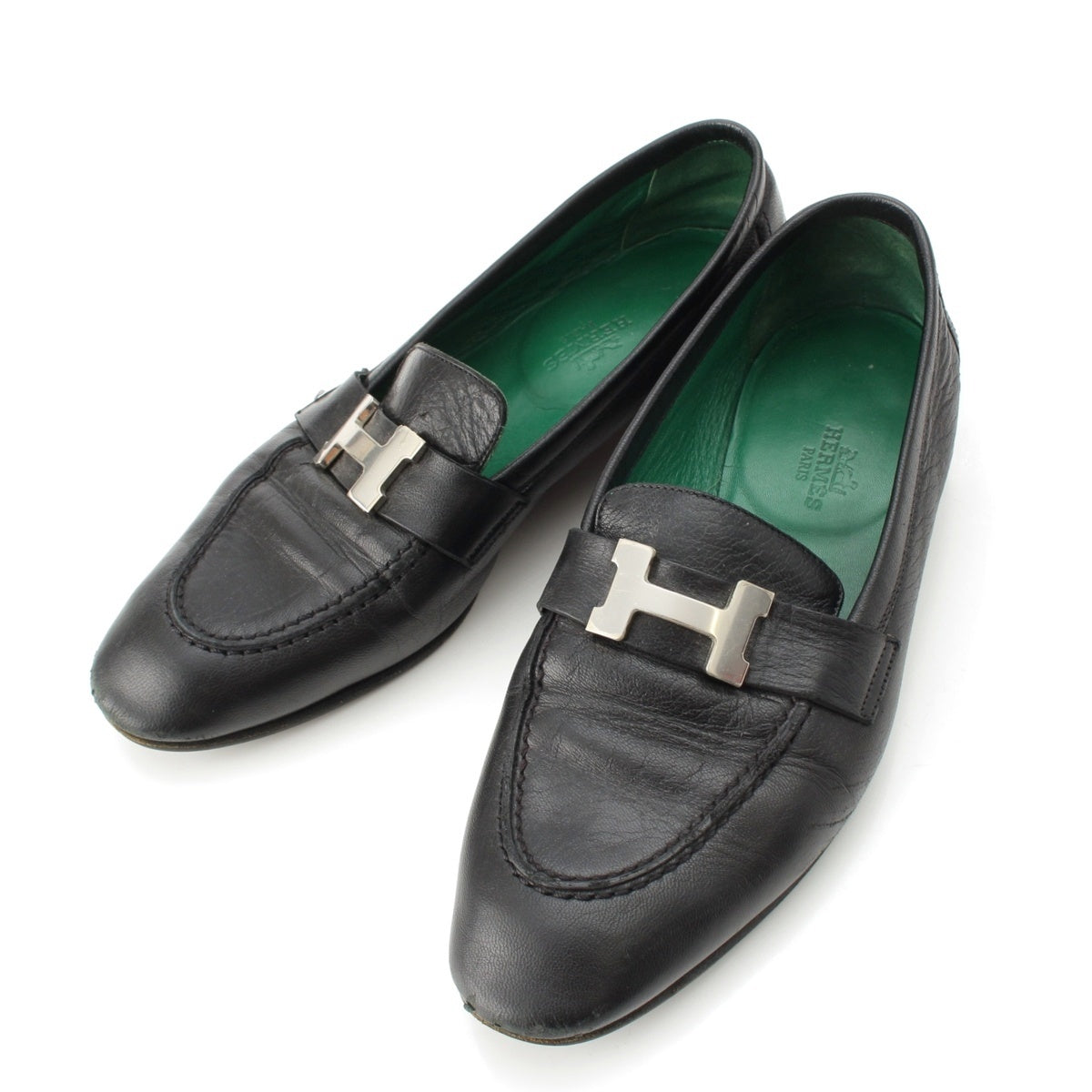 HERMES leather Moccasins with H-buckle loafers Black green 36