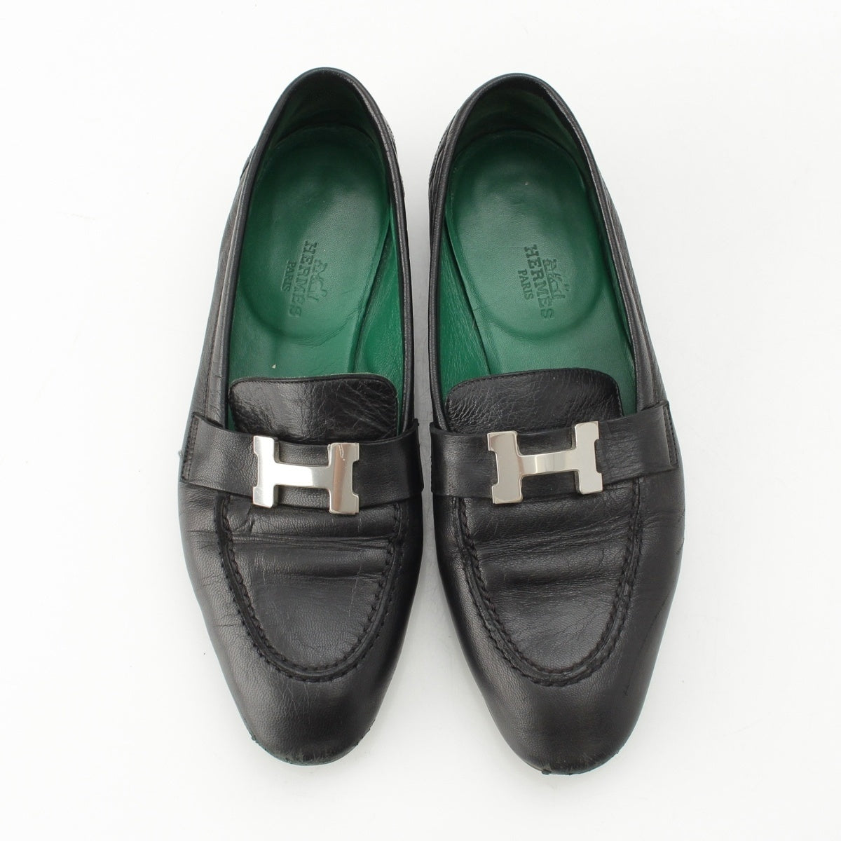 HERMES leather Moccasins with H-buckle loafers Black green 36