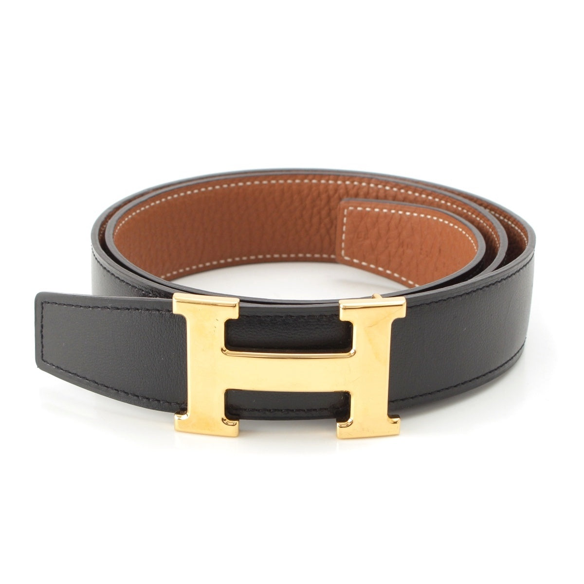 HERMES H-belt, reversible, gold metal belt Black brown gold 85