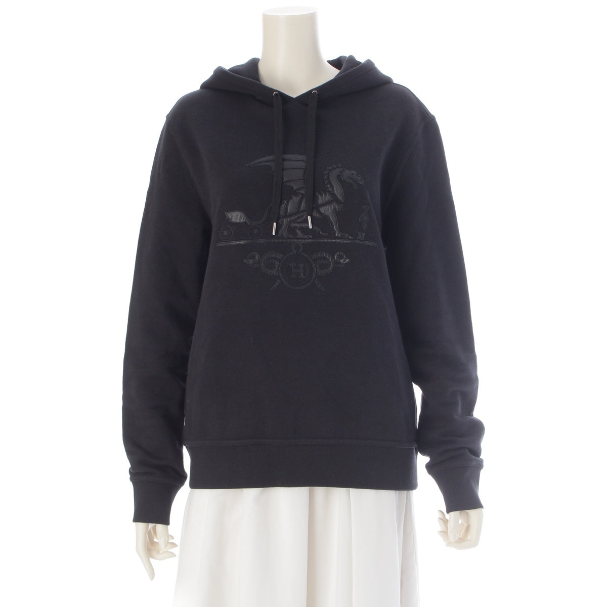 HERMES Cotton Lamb Leather Exlibris Dragon Pullover Hoodie sweat black XS
