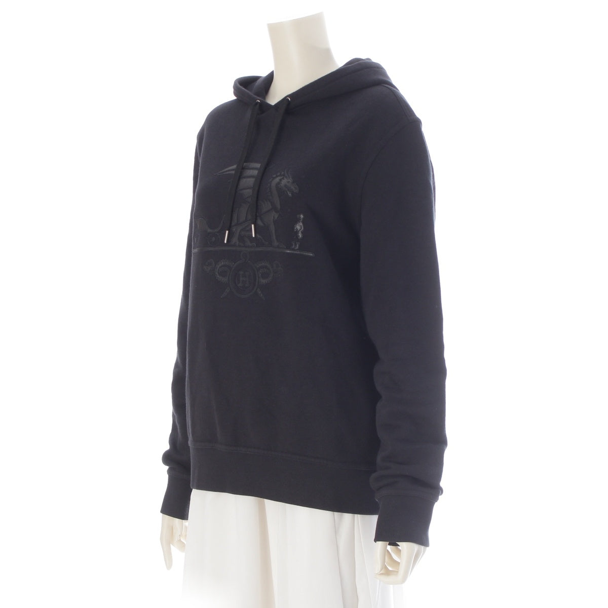 HERMES Cotton Lamb Leather Exlibris Dragon Pullover Hoodie sweat black XS