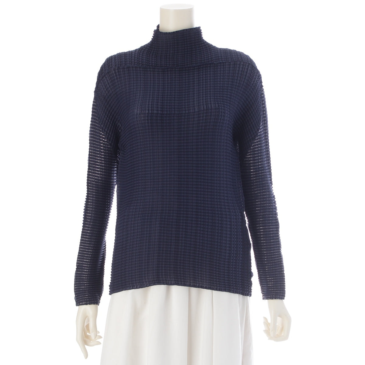 ISSEY MIYAKE Pleated Waffle High Neck Long Sleeve Cut tops IM21FJ627 Navy 2
