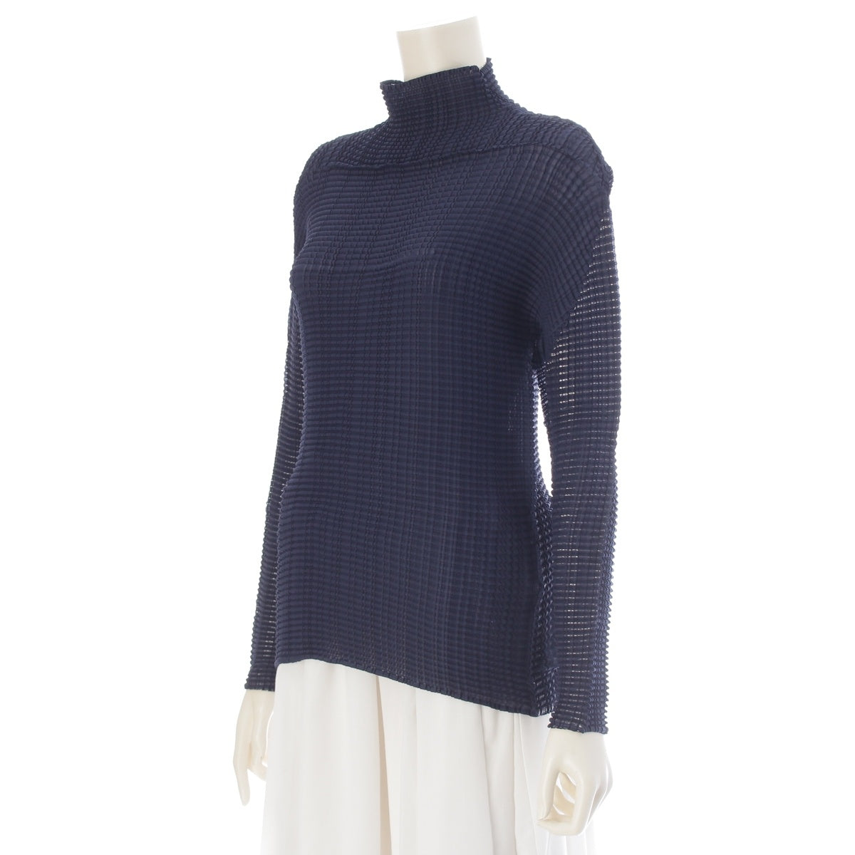 ISSEY MIYAKE Pleated Waffle High Neck Long Sleeve Cut tops IM21FJ627 Navy 2