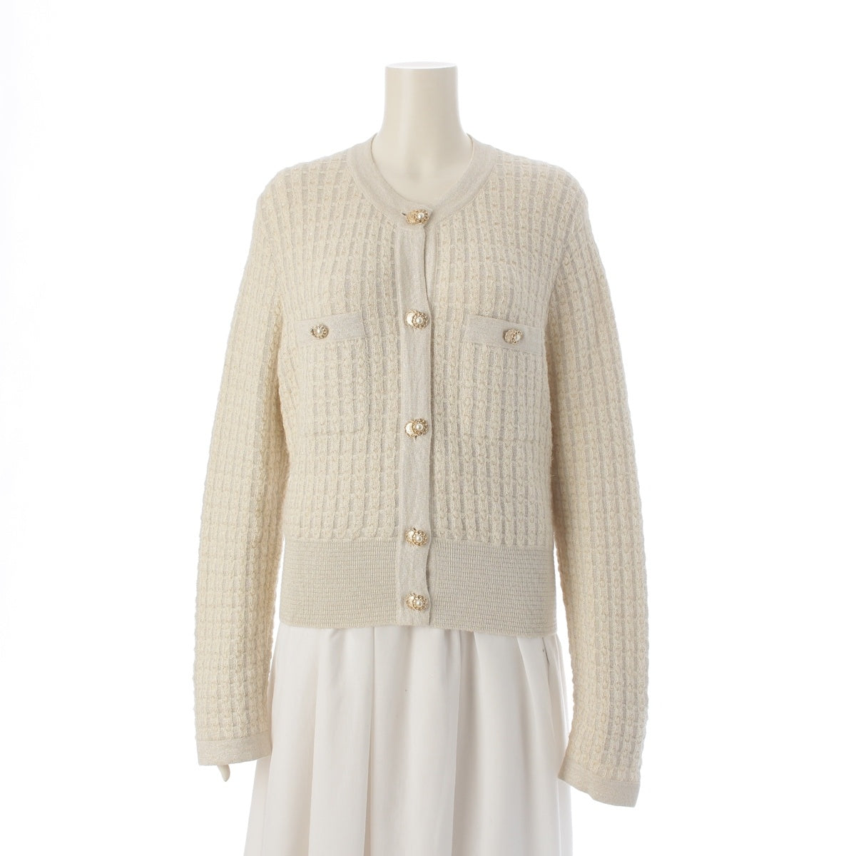 CHANEL alpaca COCO Mark Pearl Button Knit cardigan P65121 white 38