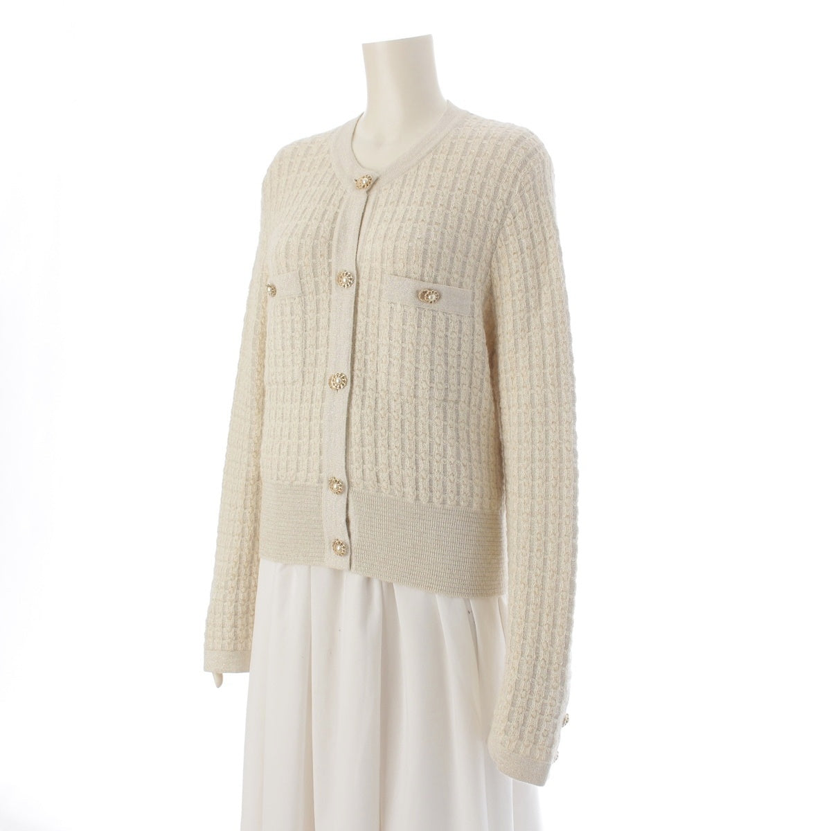 CHANEL alpaca COCO Mark Pearl Button Knit cardigan P65121 white 38