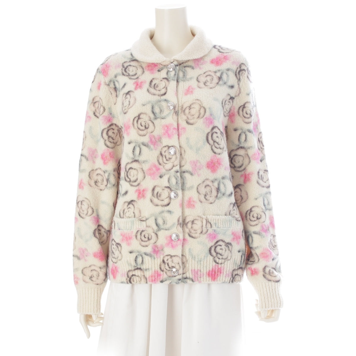 CHANEL Coconeige cashmere silk Camellia COCO Mark Stone Knit Blouson Floral P77373 white 42