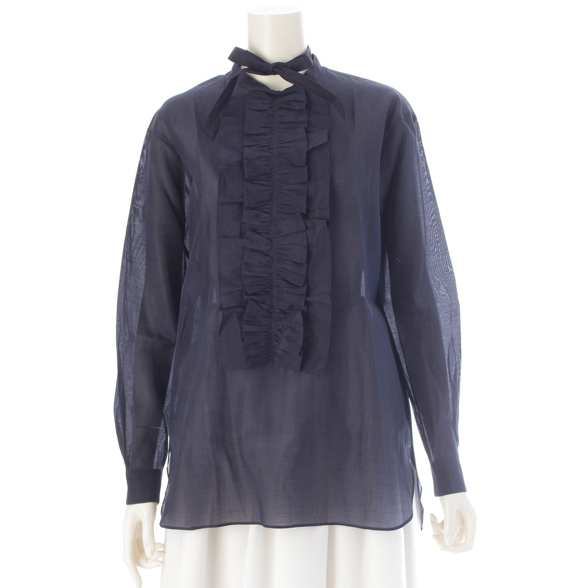 Drawer silk cotton frill sheer blouse 6521-299-0758 Navy 38