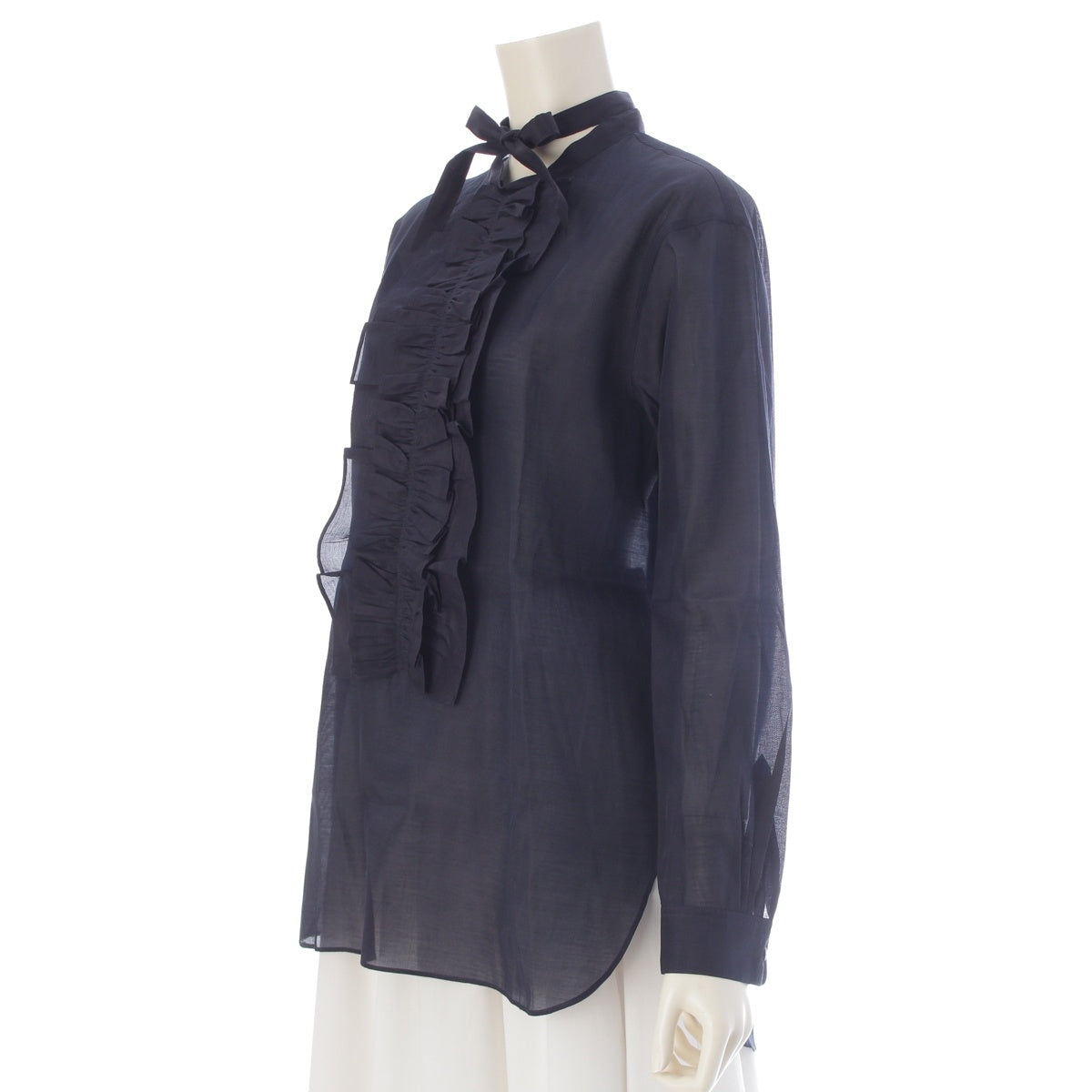 Drawer silk cotton frill sheer blouse 6521-299-0758 Navy 38