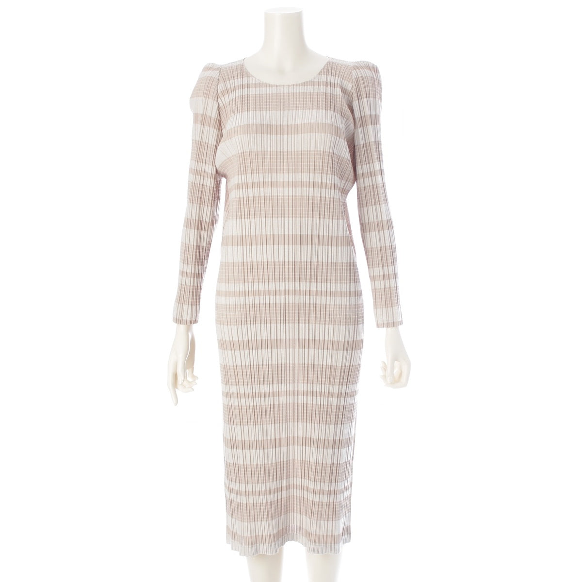 ISSEY MIYAKE Pleated Please Border Pattern Long one piece Long sleeve PP41JH215 beige 3