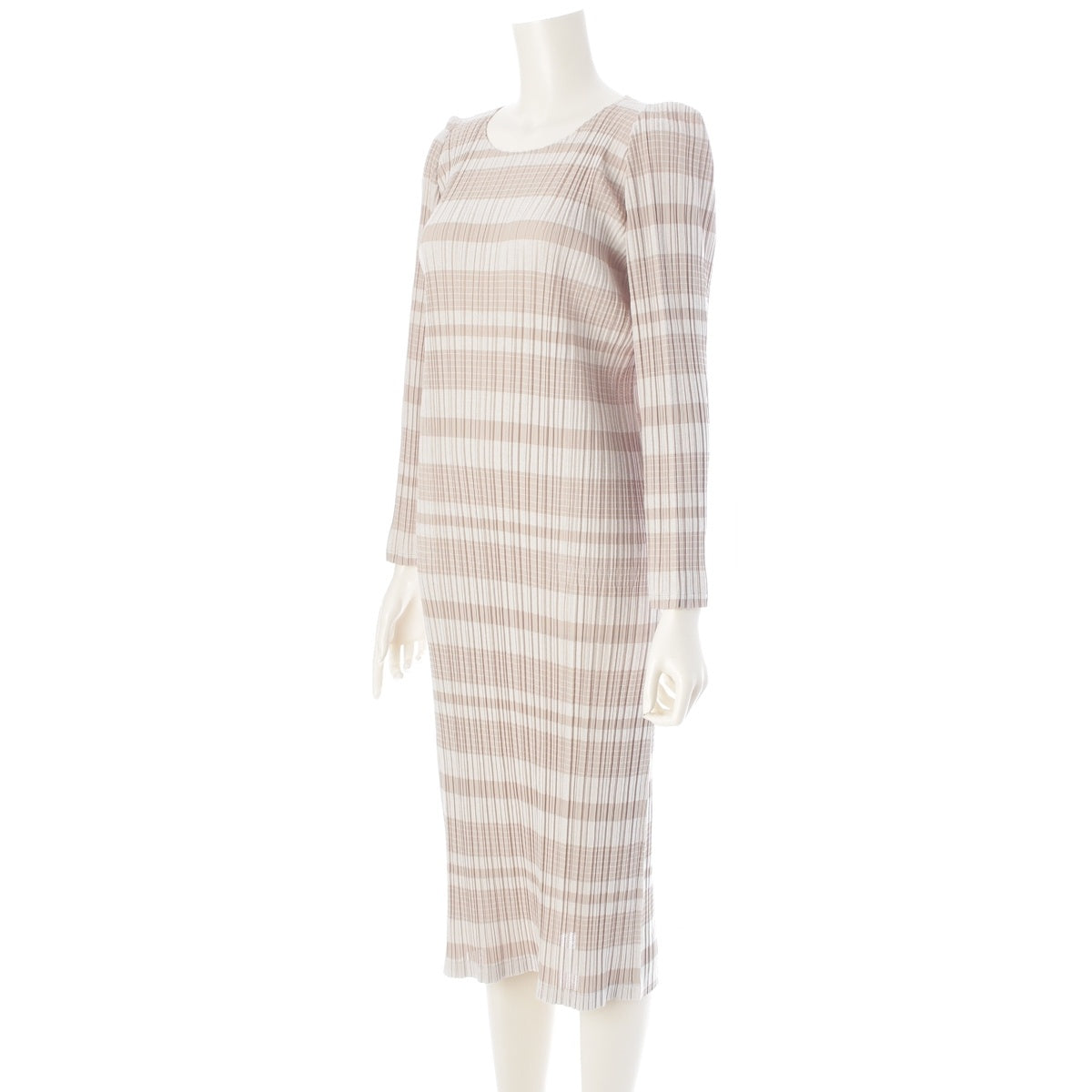 ISSEY MIYAKE Pleated Please Border Pattern Long one piece Long sleeve PP41JH215 beige 3