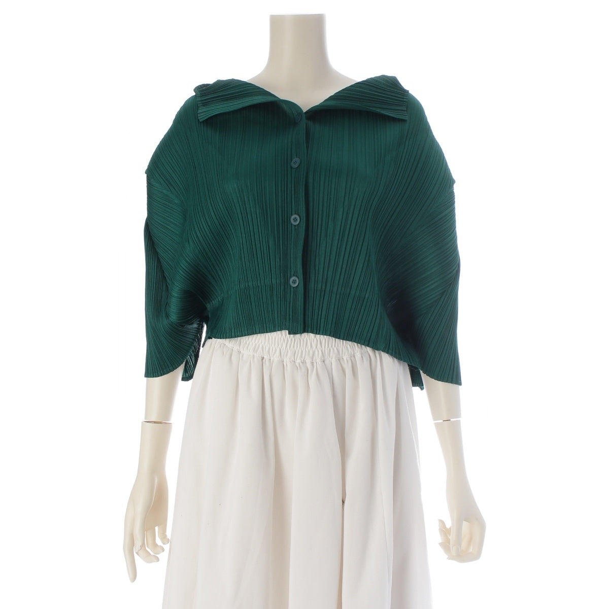 PLEATS PLEASE ISSEY Three-quarter sleeve cropped shirt cardigan PP01-JT536 green L