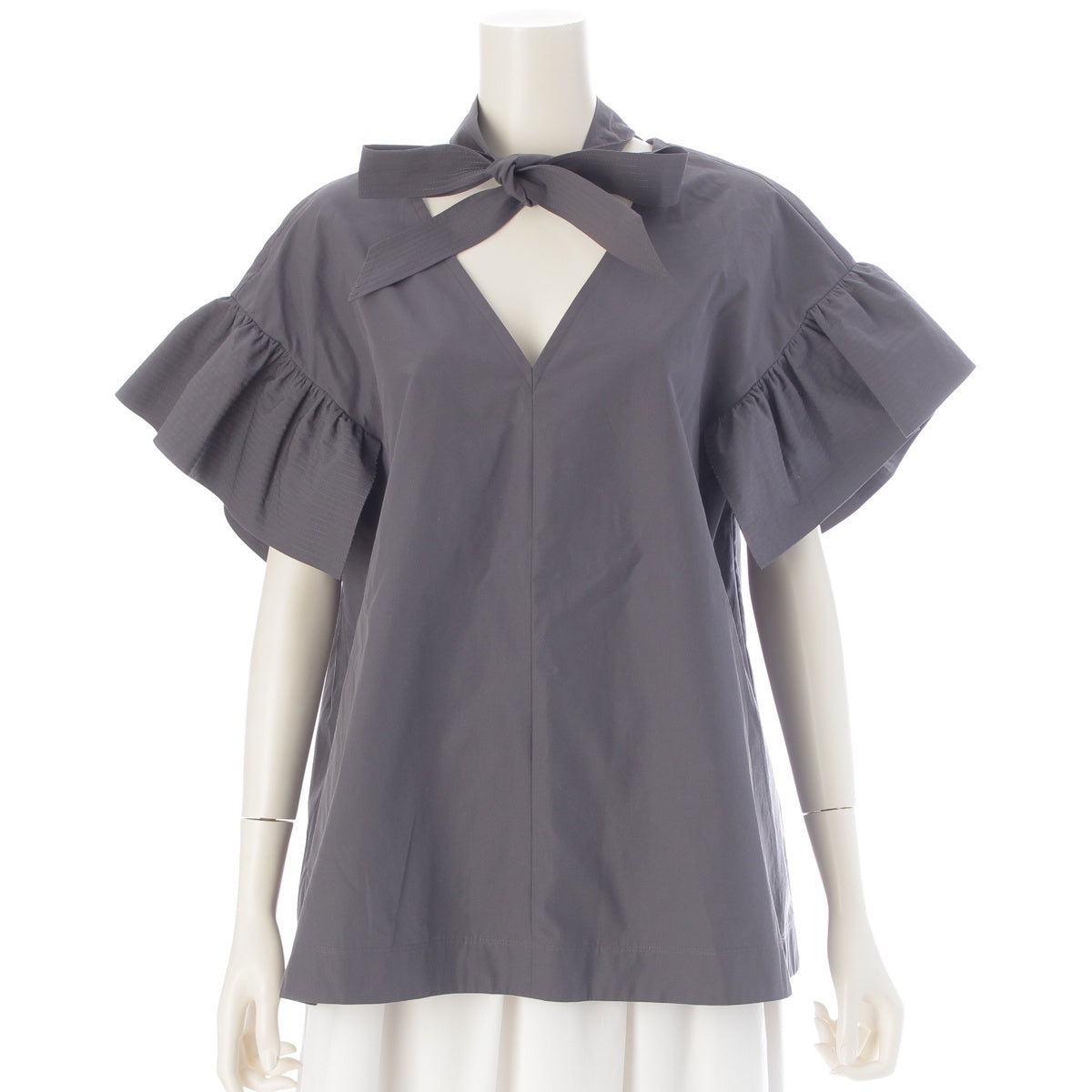 Drawer T-mat; Masaki-Paris cotton Drawer exclusive back ribbon V-neck blouse gray 1