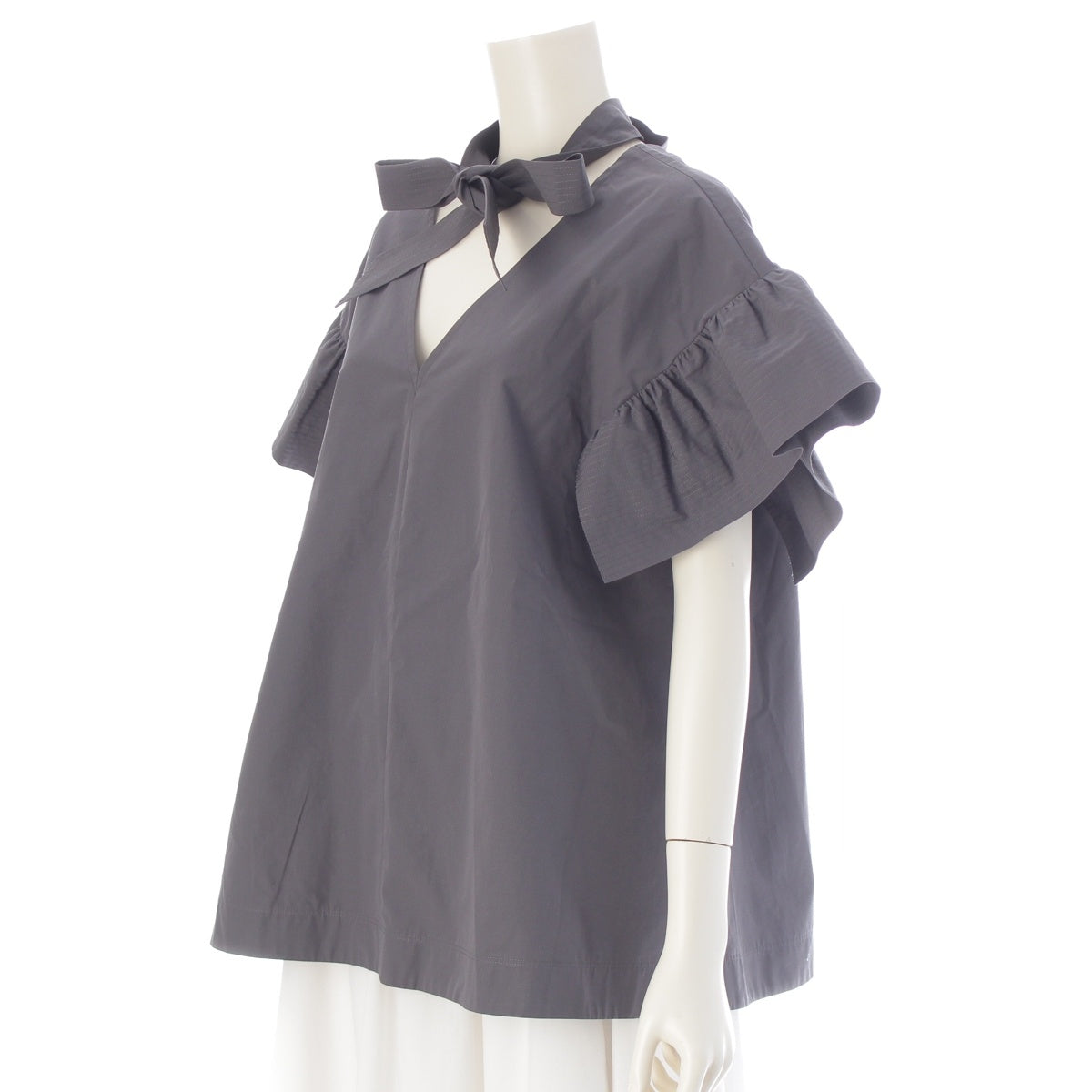 Drawer T-mat; Masaki-Paris cotton Drawer exclusive back ribbon V-neck blouse gray 1