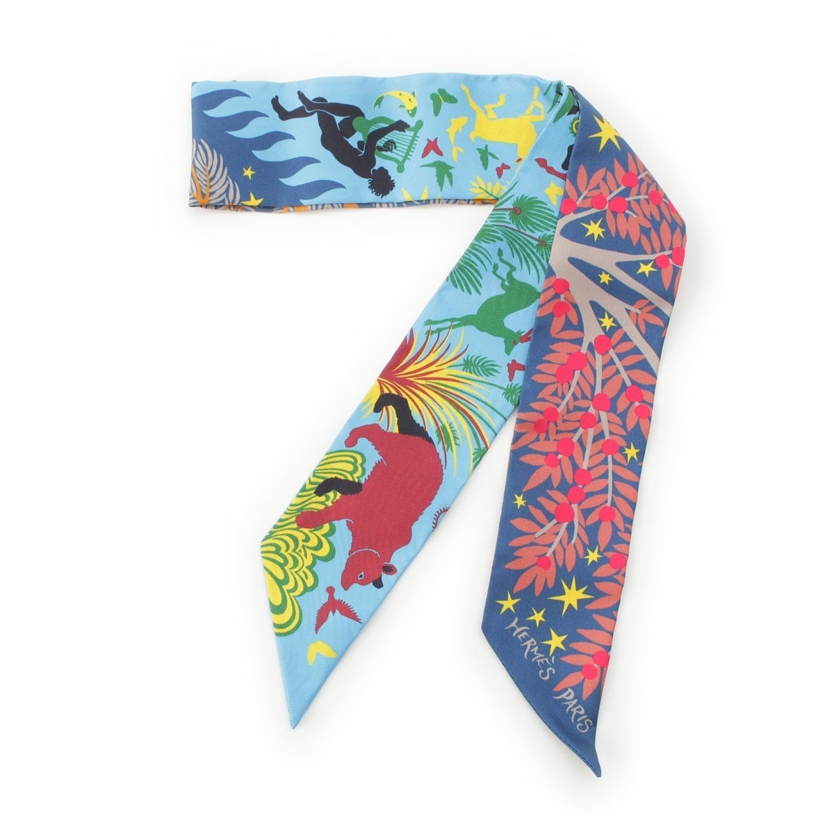 HERMES Twilly LE CHARME D ORPHEE BA Attracted by the charm of Orpheus silk scarf Animal animal Blue-based multi-color