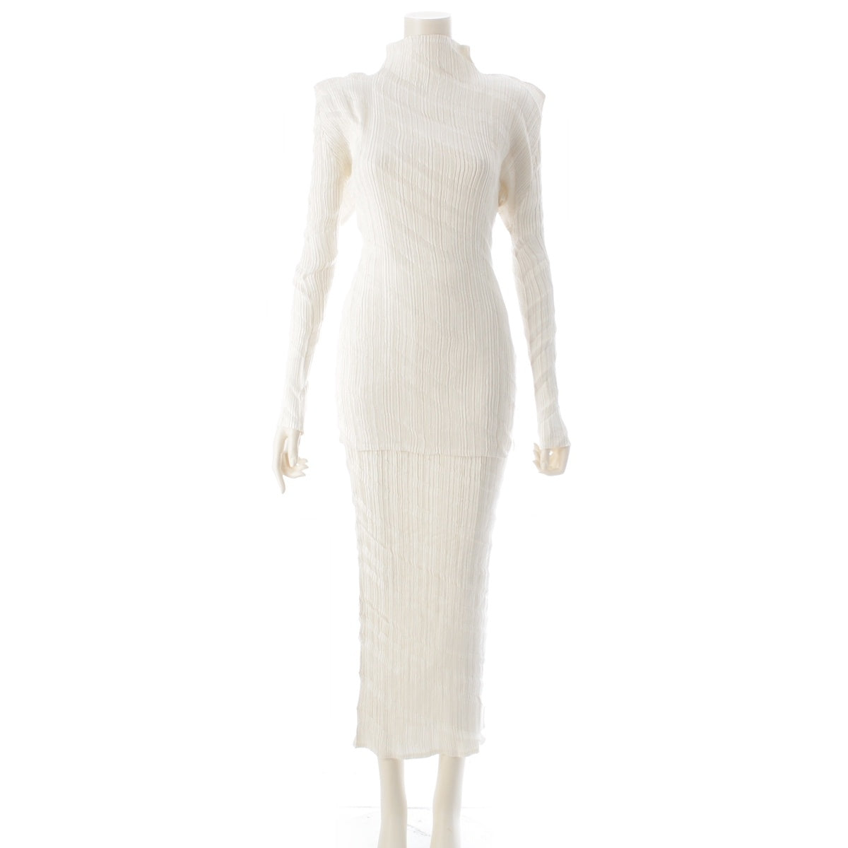 ISSEY MIYAKE polyester Diagonal horizontal stripe pleated turtleneck top Skirt setup white M
