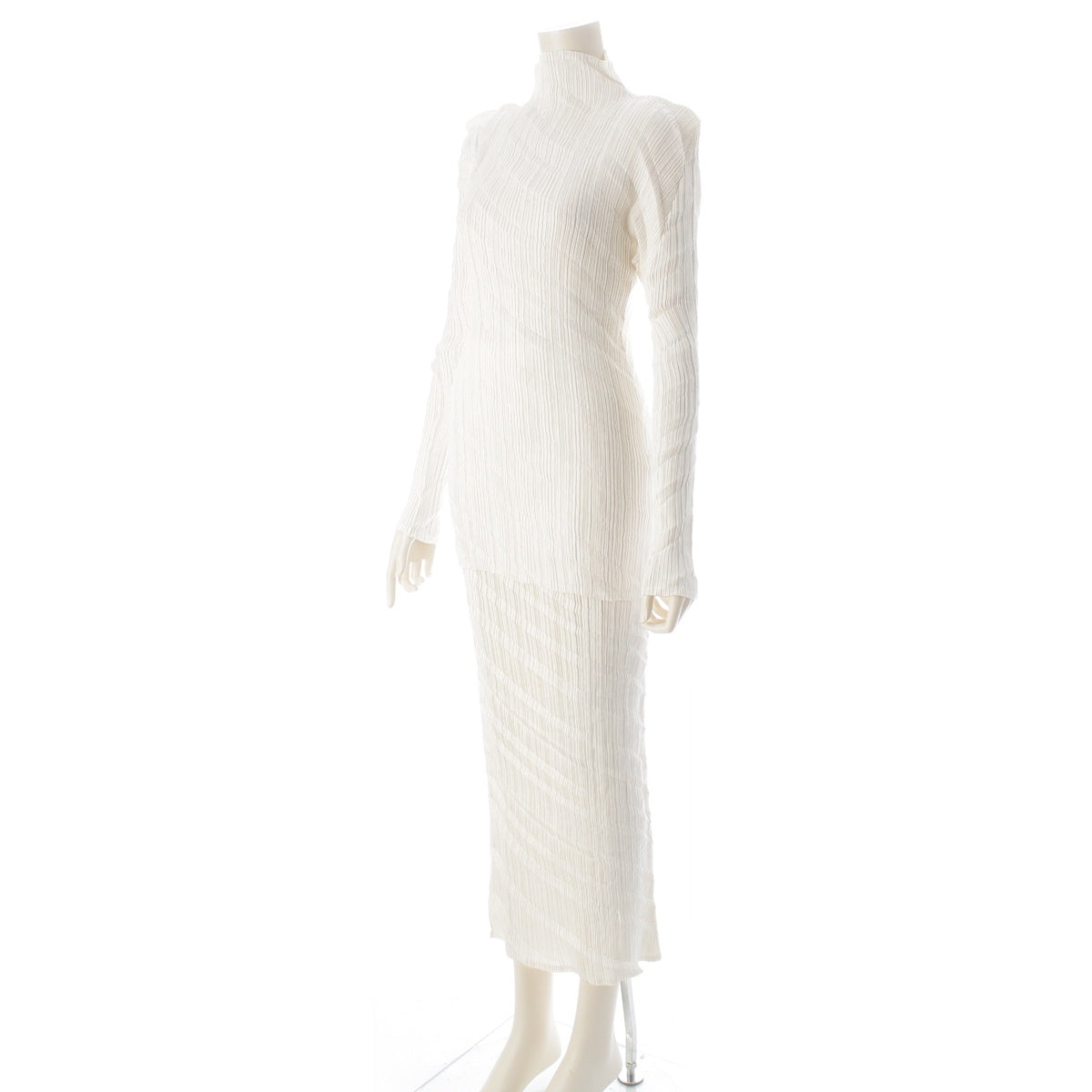 ISSEY MIYAKE polyester Diagonal horizontal stripe pleated turtleneck top Skirt setup white M