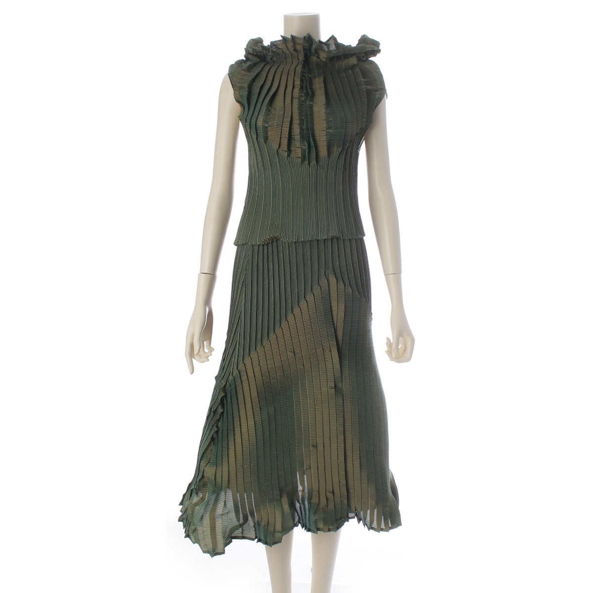 ISSEY MIYAKE FETE Asymmetrical Pleated Sleeveless Top with Flare Skirt setup IF84FG717 IM84FJ772 Green system 2
