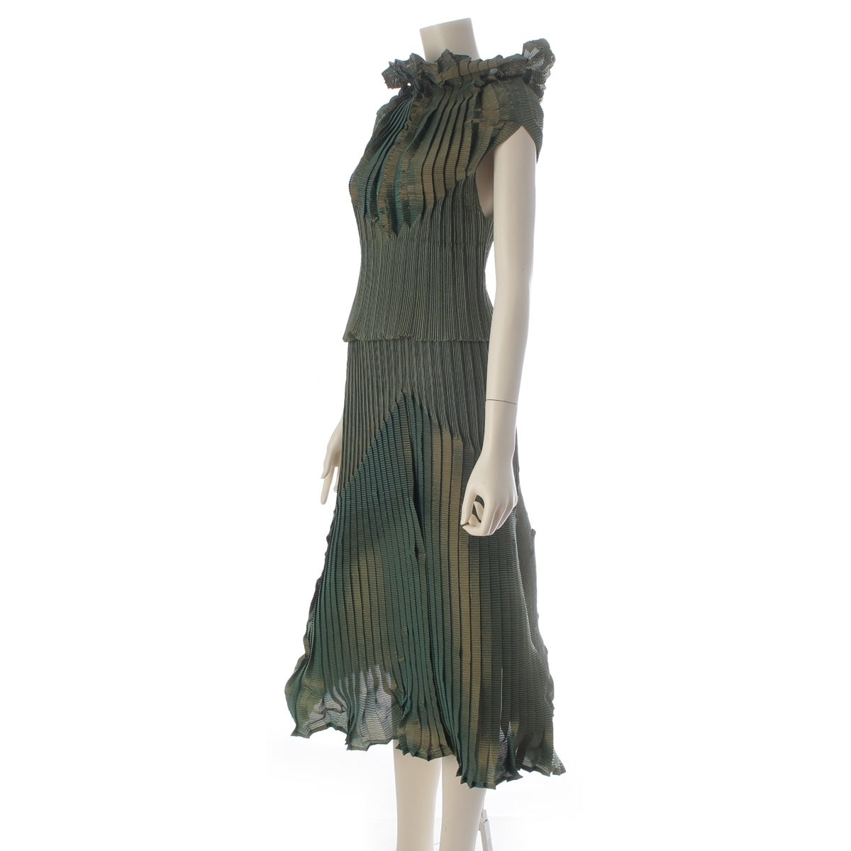 ISSEY MIYAKE FETE Asymmetrical Pleated Sleeveless Top with Flare Skirt setup IF84FG717 IM84FJ772 Green system 2