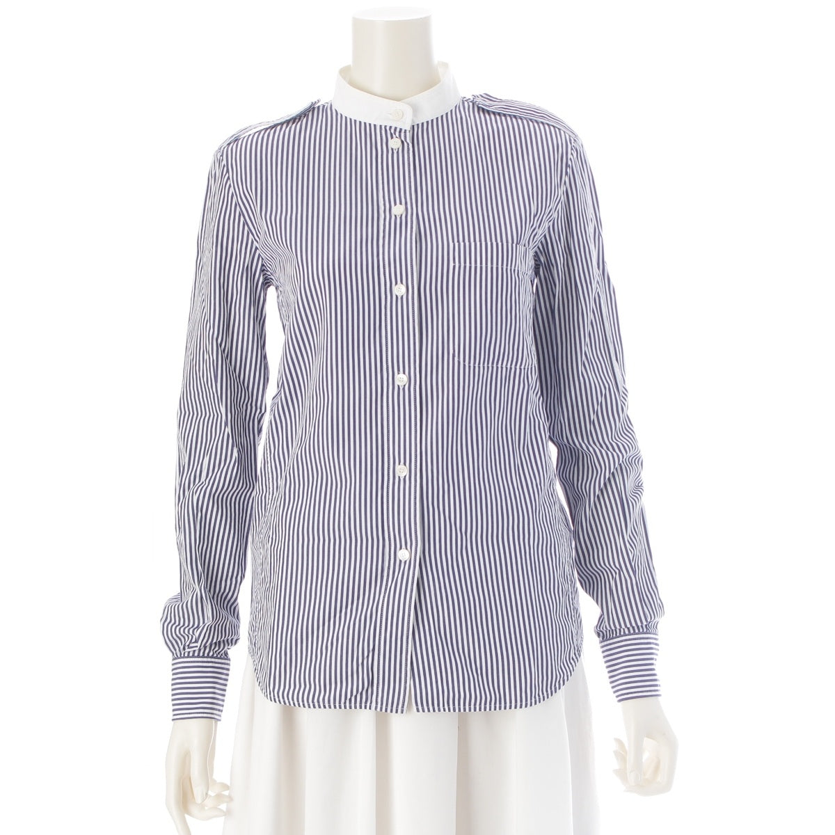 CELINE Long-sleeved, collarless, color-block striped shirt blouse Tops with epaulets White navy 36