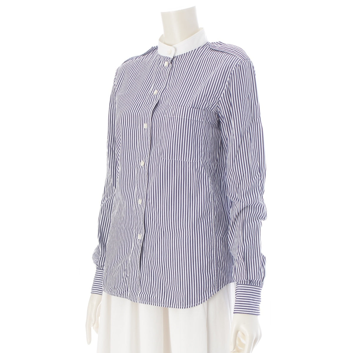 CELINE Long-sleeved, collarless, color-block striped shirt blouse Tops with epaulets White navy 36