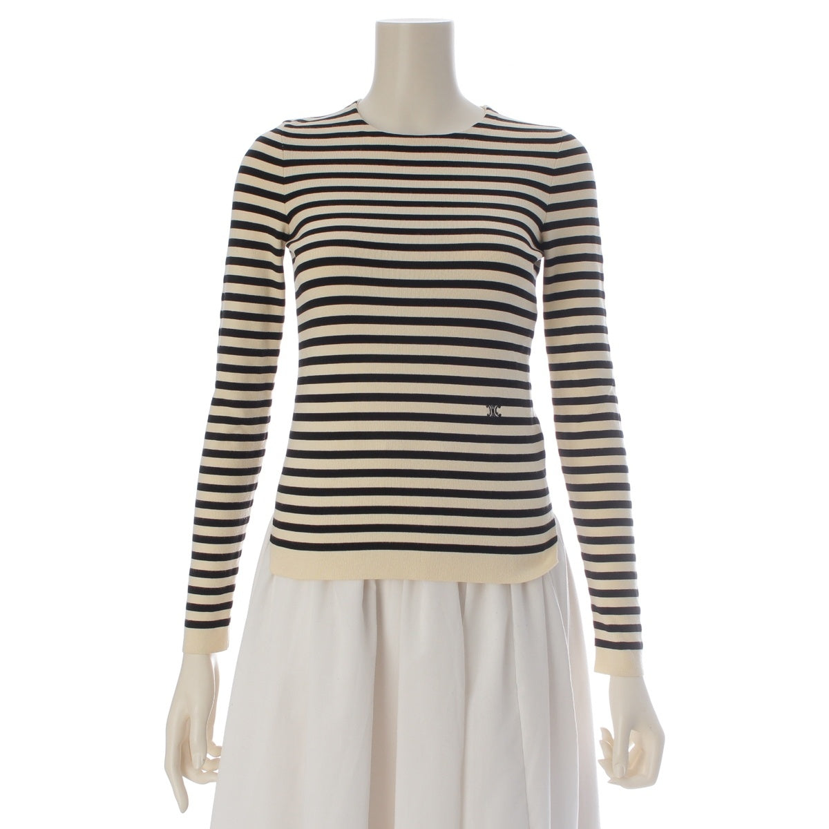 CELINE Triomphe embroidered striped long-sleeved shirt Cut Long sleeve top Off-white black XS