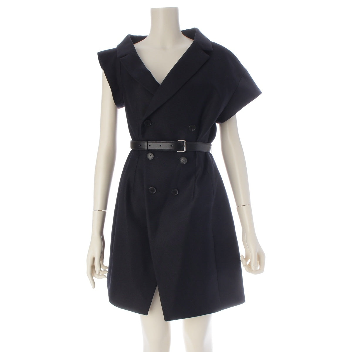 Christian Dior Wool silk Asymmetrical Shape Belted Short Sleeve French Sleeve Dress one piece 521R90A1758 Navy Marine Blue 36