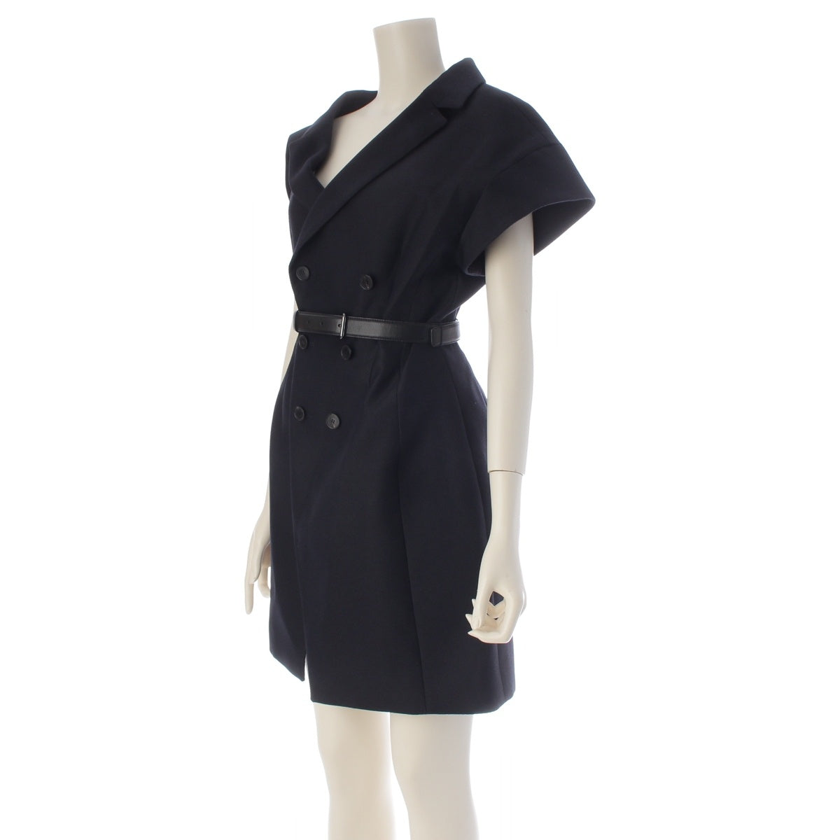 Christian Dior Wool silk Asymmetrical Shape Belted Short Sleeve French Sleeve Dress one piece 521R90A1758 Navy Marine Blue 36