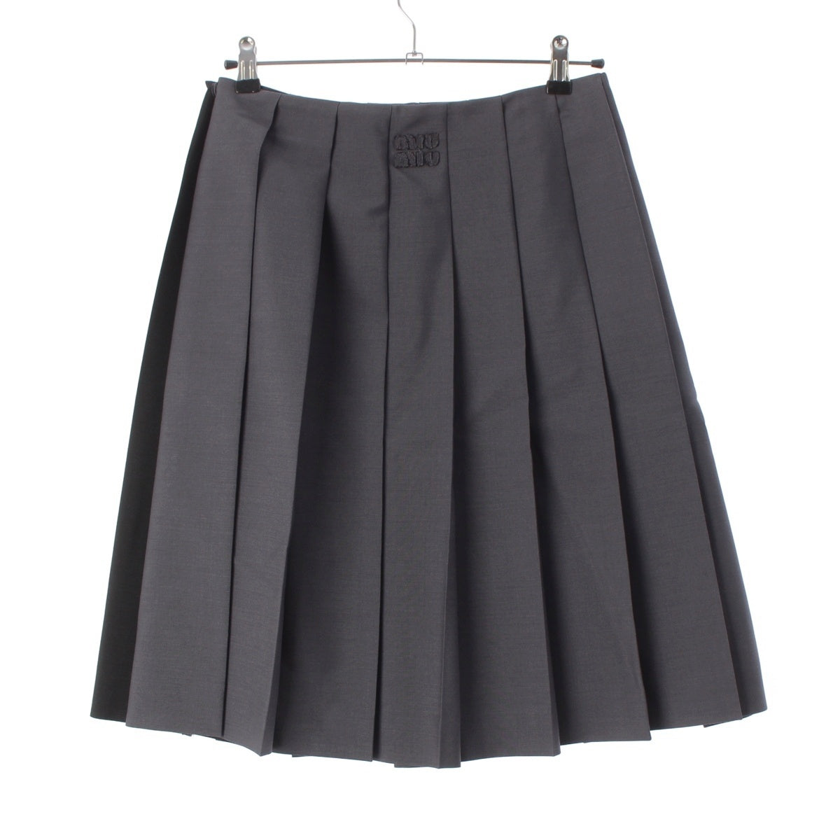 MIUMIU Mohair Virgin Wool Patch Logo Bicolor Pleated Medium skirt MG2420 Gray black 36