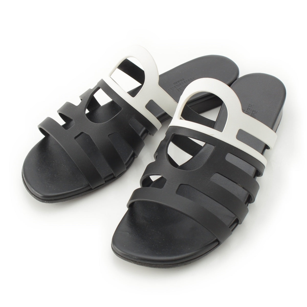 HERMES Camellia Chaine Sandals Black White 37 1/2