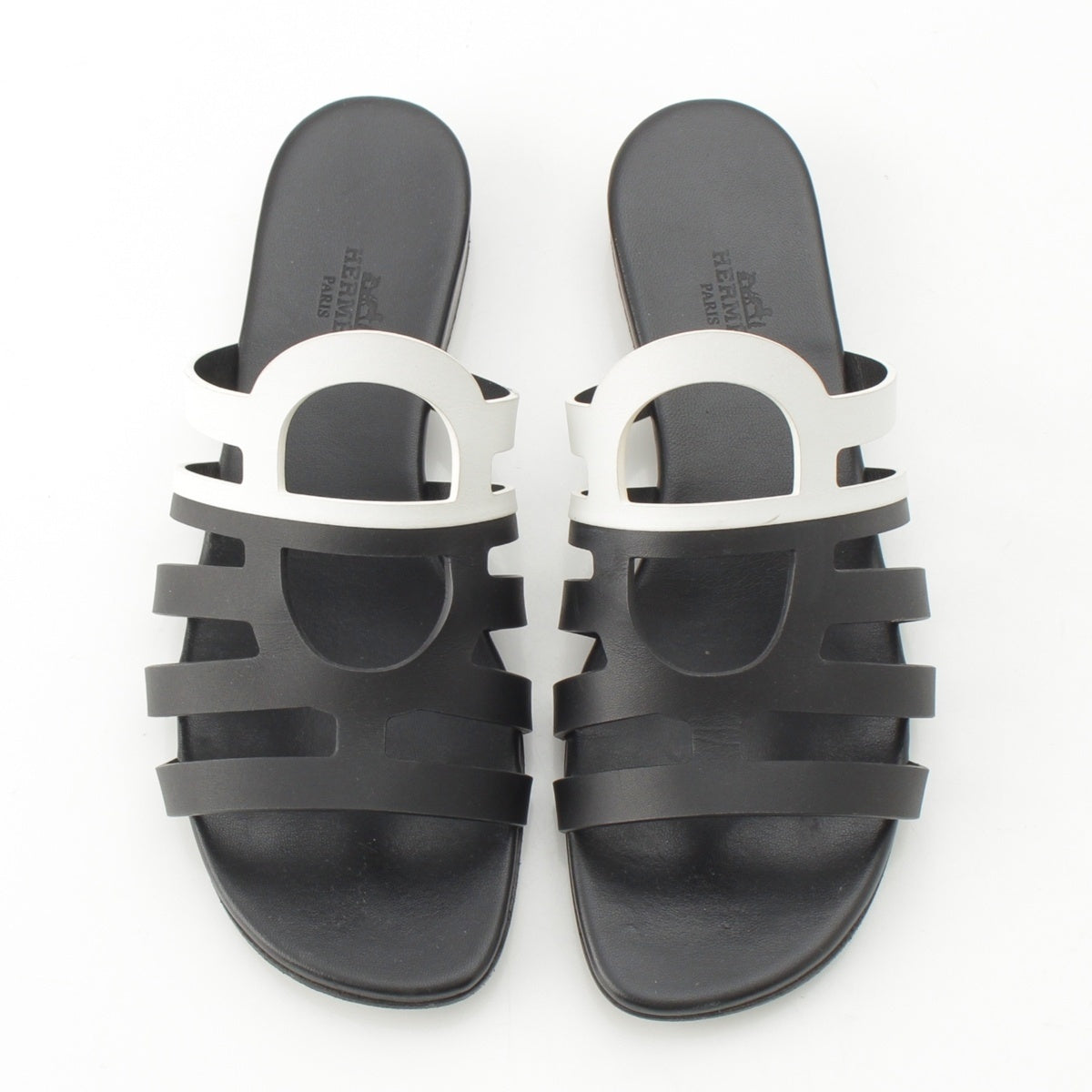 HERMES Camellia Chaine Sandals Black White 37 1/2
