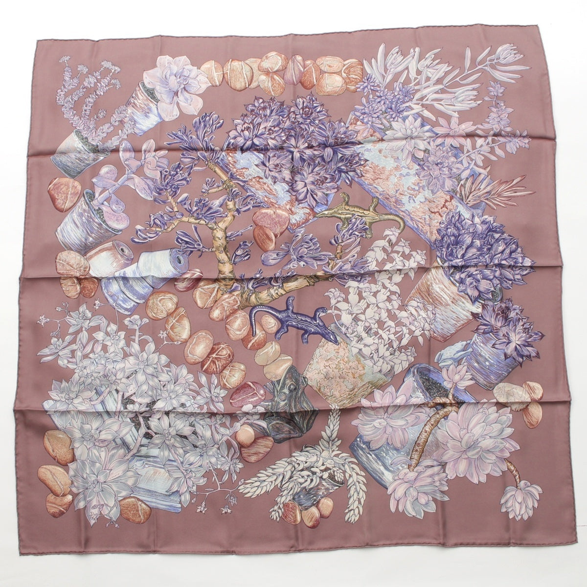 HERMES Calle 90 silk JARDIN SECRET scarf Greige Gray