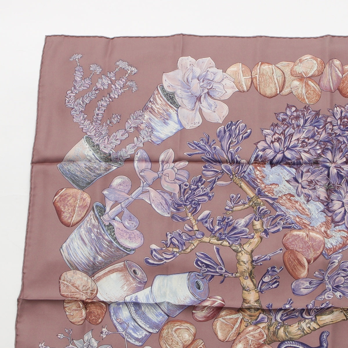 HERMES Calle 90 silk JARDIN SECRET scarf Greige Gray
