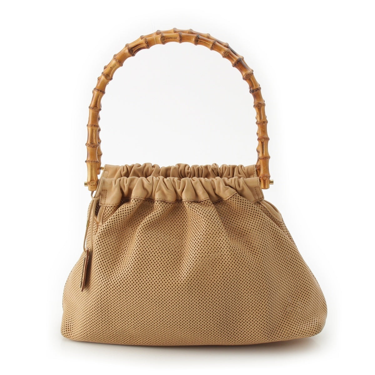 GUCCI Bamboo Handle Perforated Leather Bucket Handbag With porch 92708 001998 beige