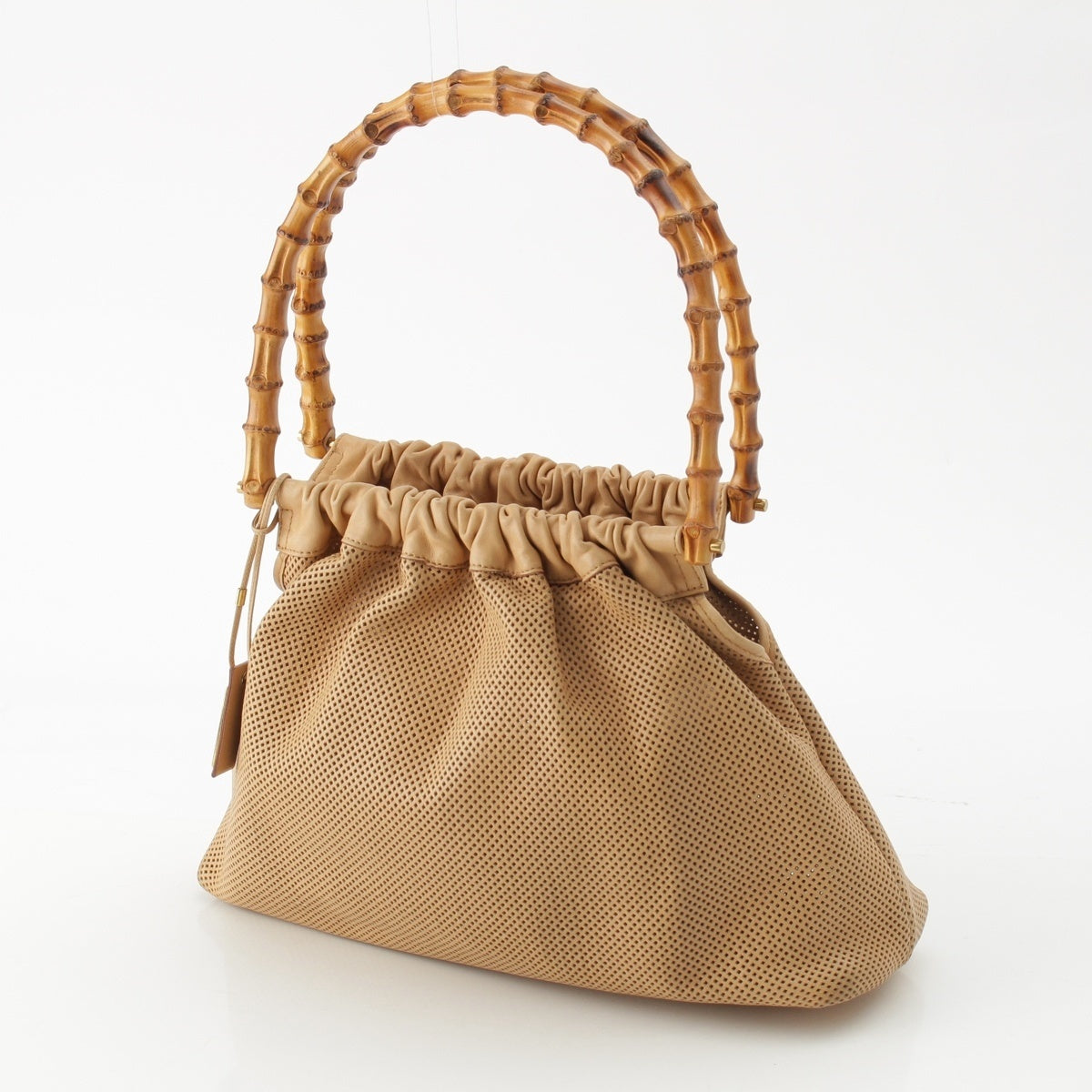 GUCCI Bamboo Handle Perforated Leather Bucket Handbag With porch 92708 001998 beige