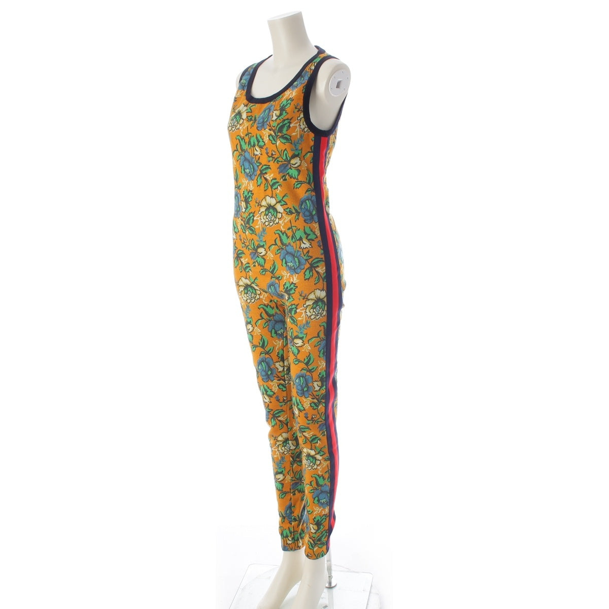 GUCCI wool Flora floral print sherry line knit all-in-one Tsunagi Jumpsuit 487291 Orange x blue S