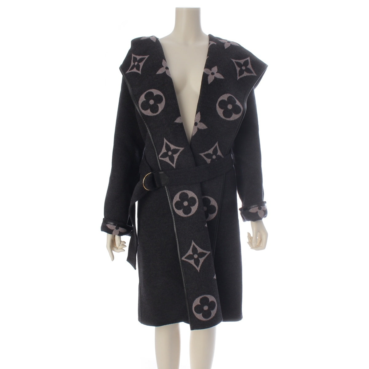 LOUIS VUITTON Silk and wool Monogram Giant Hooded Wrap Coat outer FJCO22NUV gray 34