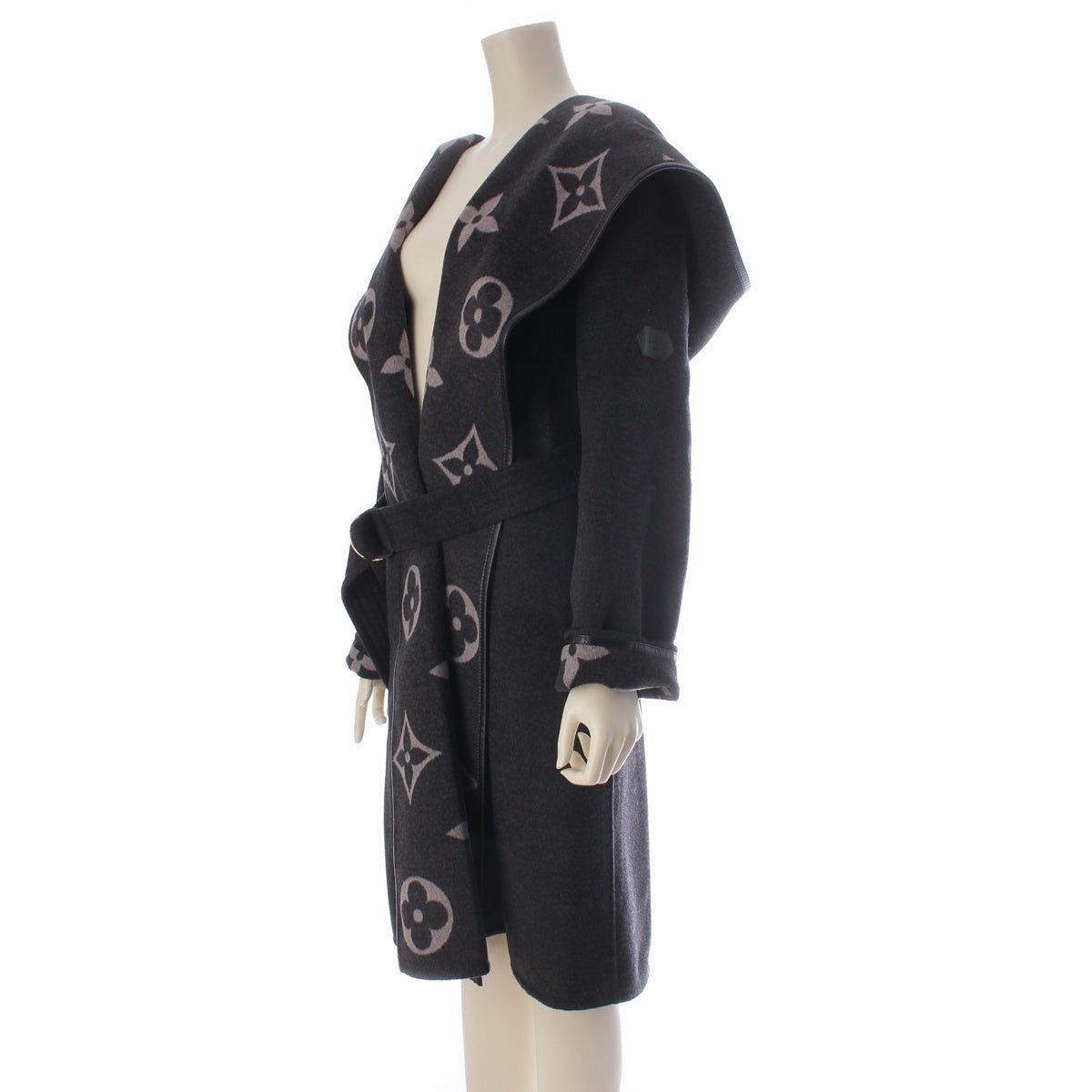 LOUIS VUITTON Silk and wool Monogram Giant Hooded Wrap Coat outer FJCO22NUV gray 34