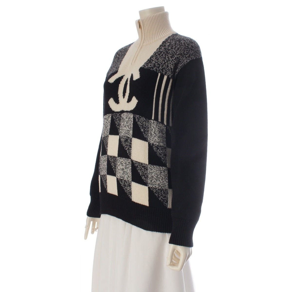 CHANEL cashmere COCO Mark Half-Zip Long Sleeve knit P73216 Black x white 34