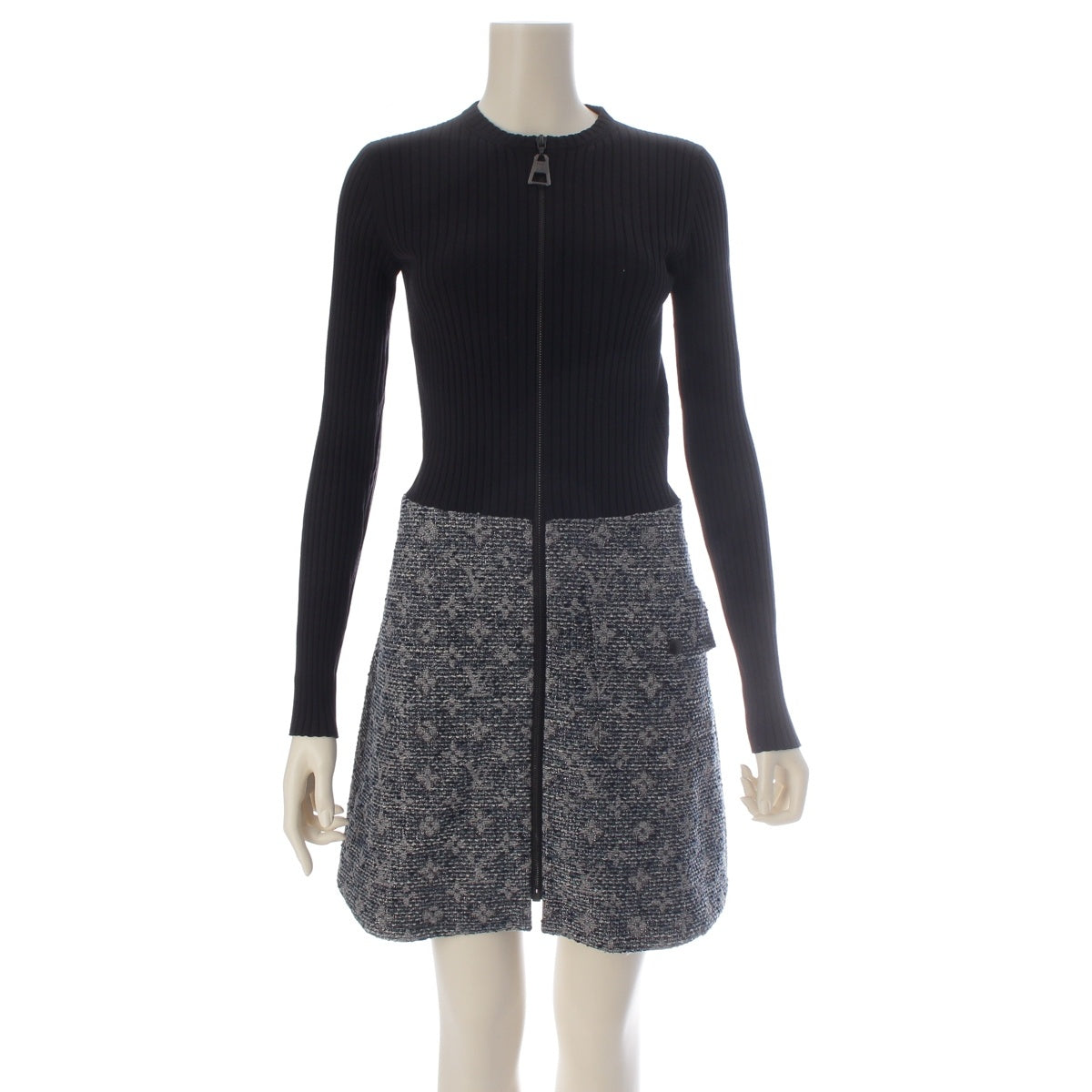LOUIS VUITTON Monogram tweed knit panel zip-up jacket one piece FIDR30SNS Black blue 34