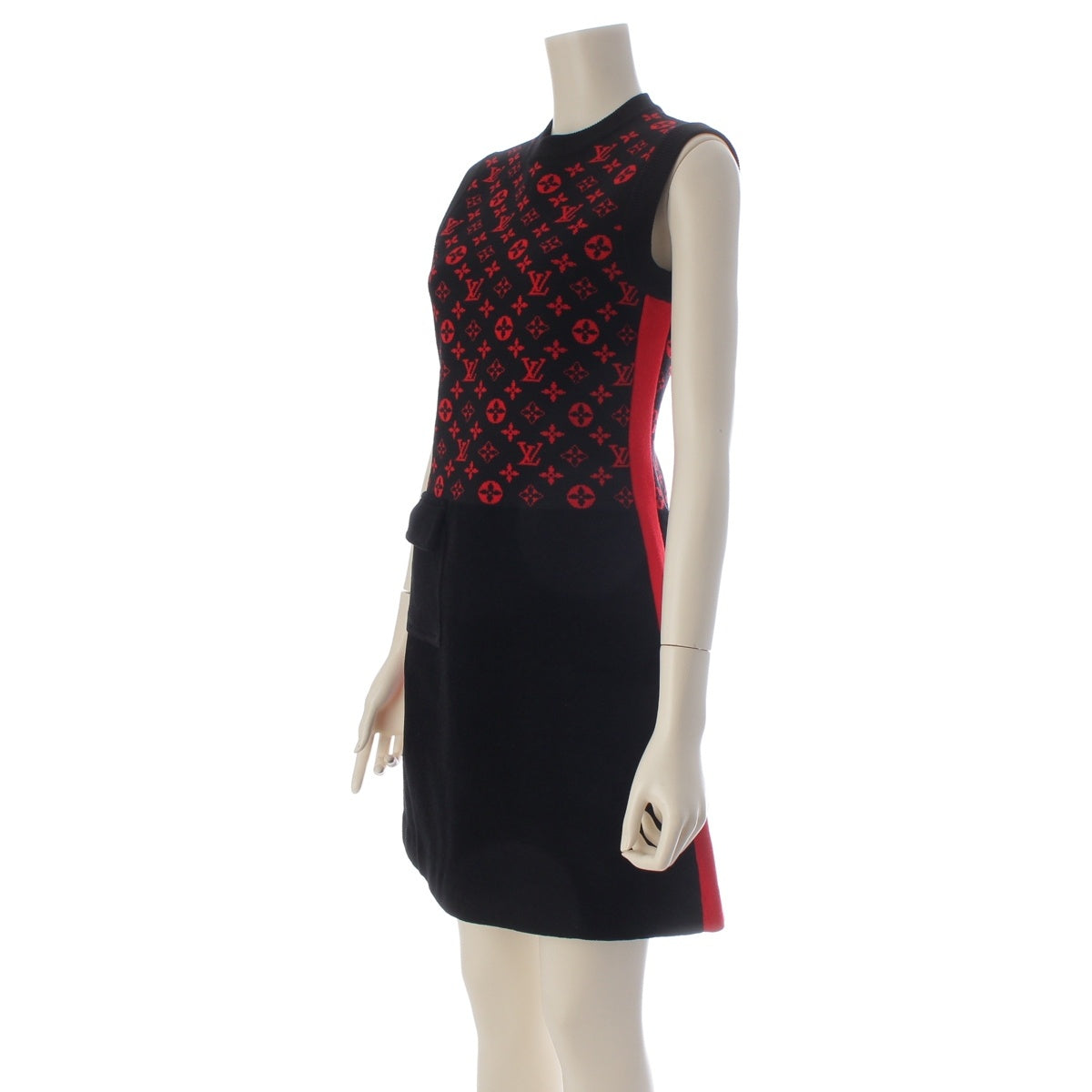 LOUIS VUITTON wool Monogram Jacquard Knit Sleeveless one piece Black x red XS
