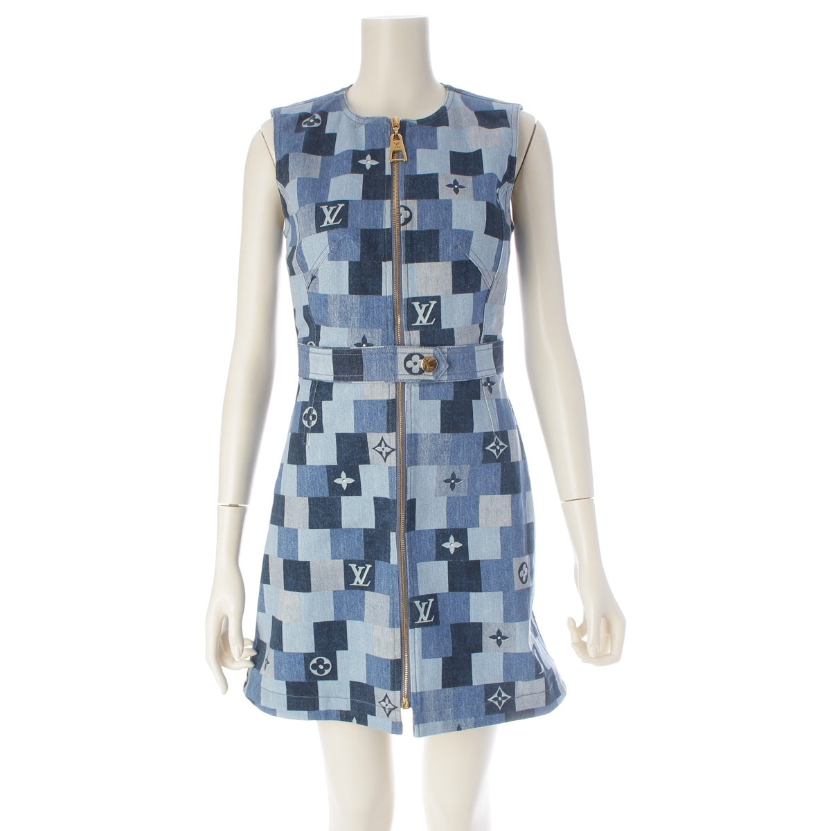 LOUIS VUITTON Monogram denim cotton Sleeveless, front zip one piece Damier RW201A blue 34