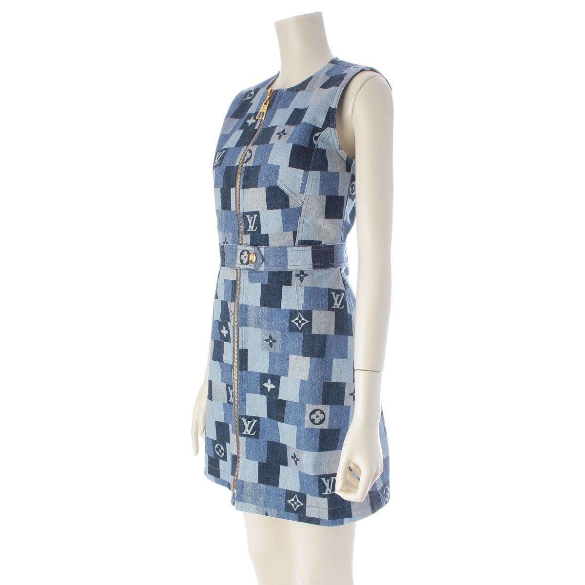 LOUIS VUITTON Monogram denim cotton Sleeveless, front zip one piece Damier RW201A blue 34